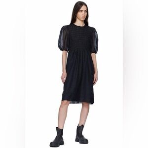 Ganni Black Crinkled Georgette Smocked Midi Dress Size Large EU 40 Puff Sleeve